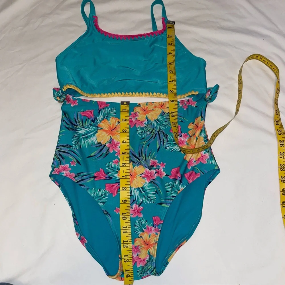Art Class Teal Blue Pink Tropical Floral Hibiscus Cut Out Bathing Swim Suit